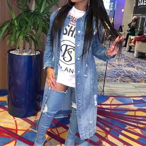 Fashion Nova Long Distressed Denim Duster Jacket Size M Trendy Streetwear Coat
